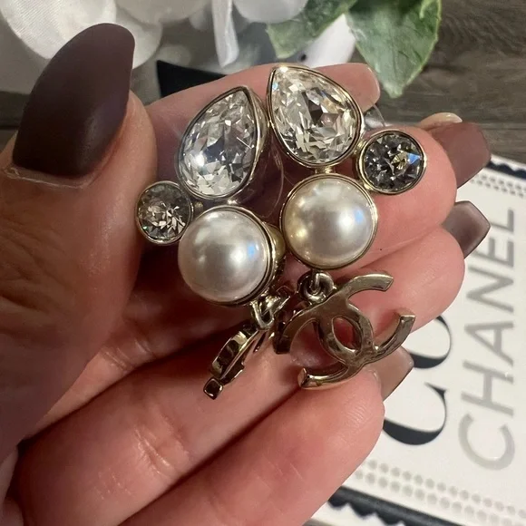 CHANEL Gold CC Faux Pearl Crystal Dangle Earrings